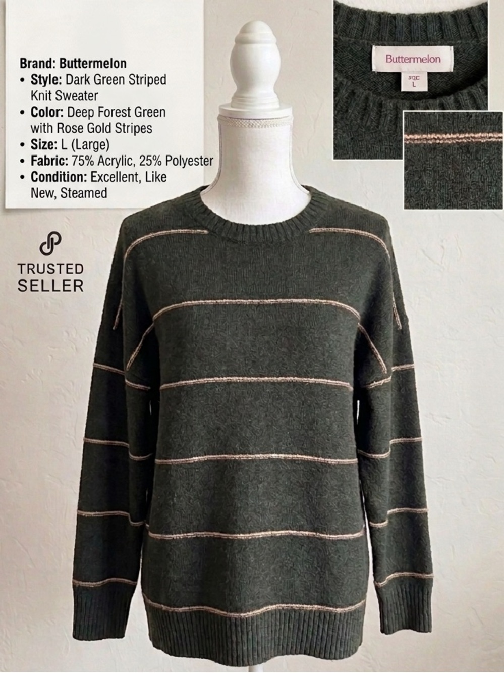 Buttermelon Deep Forest Green Crewneck Sweater with Rose-Gold Stripes - Men's L